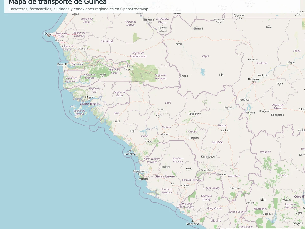Mapa OpenStreetMap de Guinea con carreteras, ferrocarriles, ciudades, Conakry, Boké, Labé, Kankan, Faranah, Nzérékoré y países vecinos