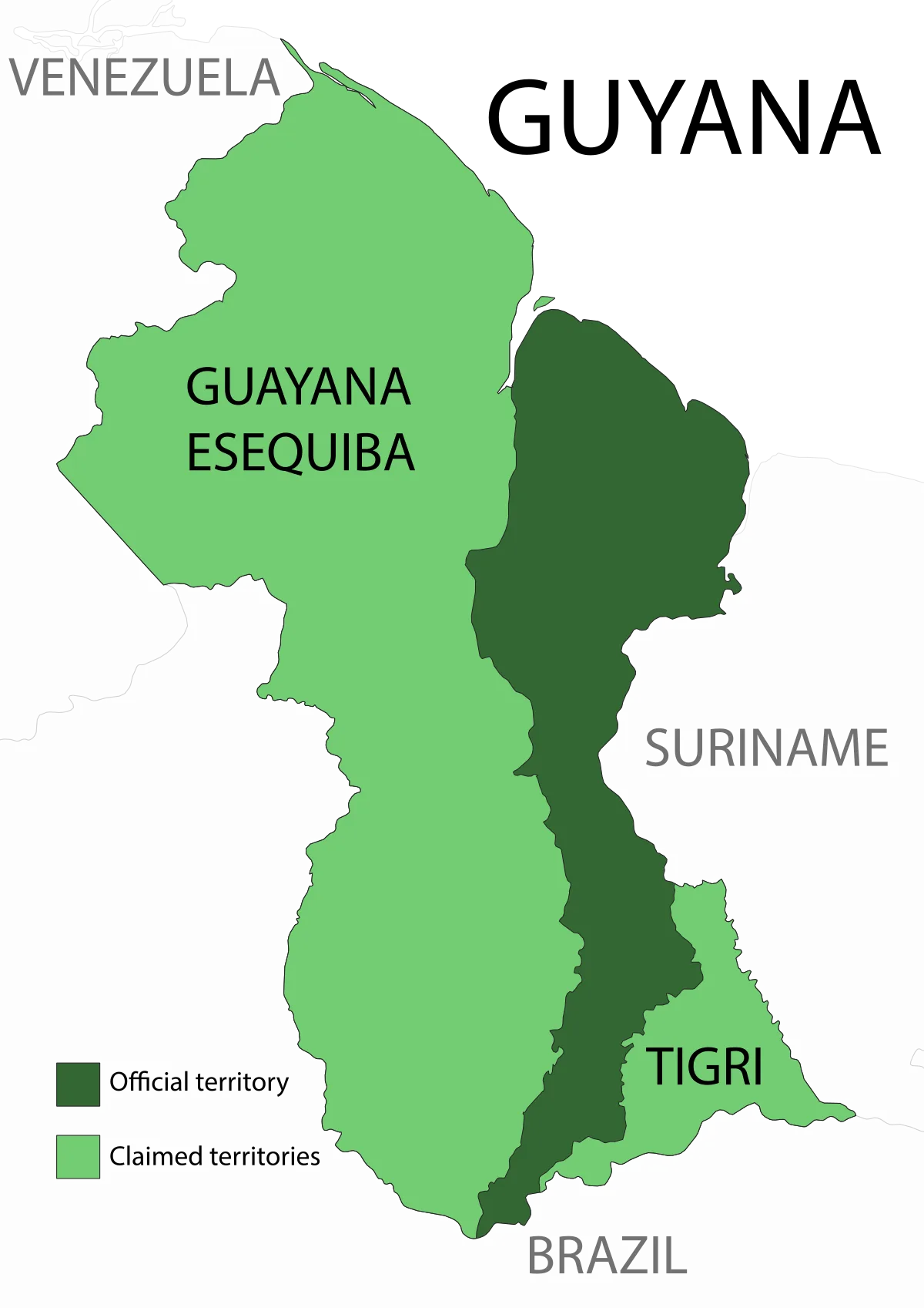 Mapa de Guyana con territorio oficial, Guayana Esequiba reclamada por Venezuela, área de Tigri y países vecinos Venezuela, Surinam y Brasil