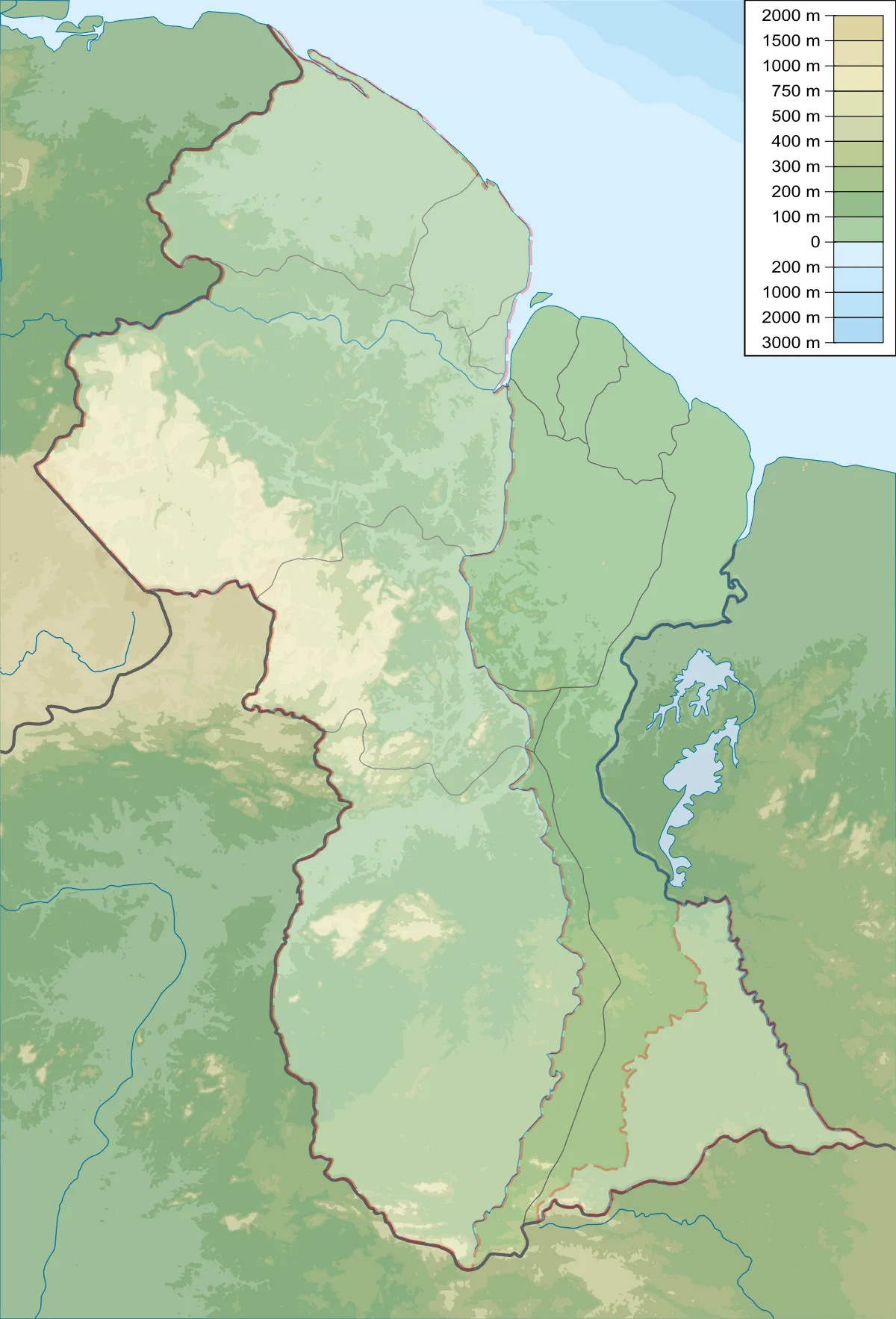Mapa físico de Guyana con relieve, escala hipsométrica, costa atlántica, interior selvático, montañas y áreas disputadas