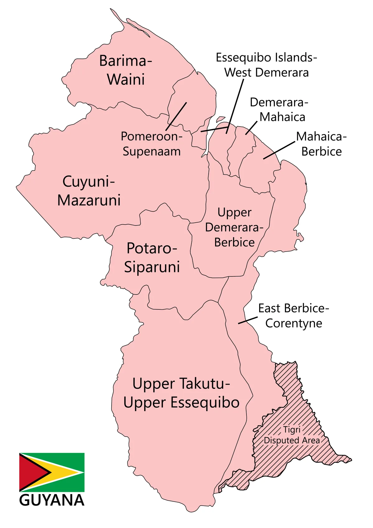Mapa de Guyana con las regiones Barima-Waini, Pomeroon-Supenaam, Essequibo Islands-West Demerara, Demerara-Mahaica, Mahaica-Berbice, East Berbice-Corentyne, Cuyuni-Mazaruni, Potaro-Siparuni, Upper Takutu-Upper Essequibo y Upper Demerara-Berbice