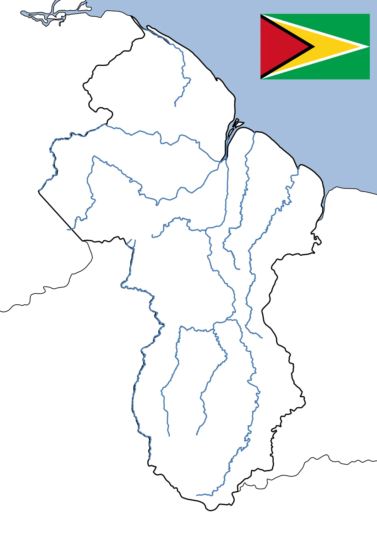 Mapa de ríos de Guyana con Essequibo, Demerara, Berbice, Cuyuni, Mazaruni, Rupununi, Corentyne y costa atlántica