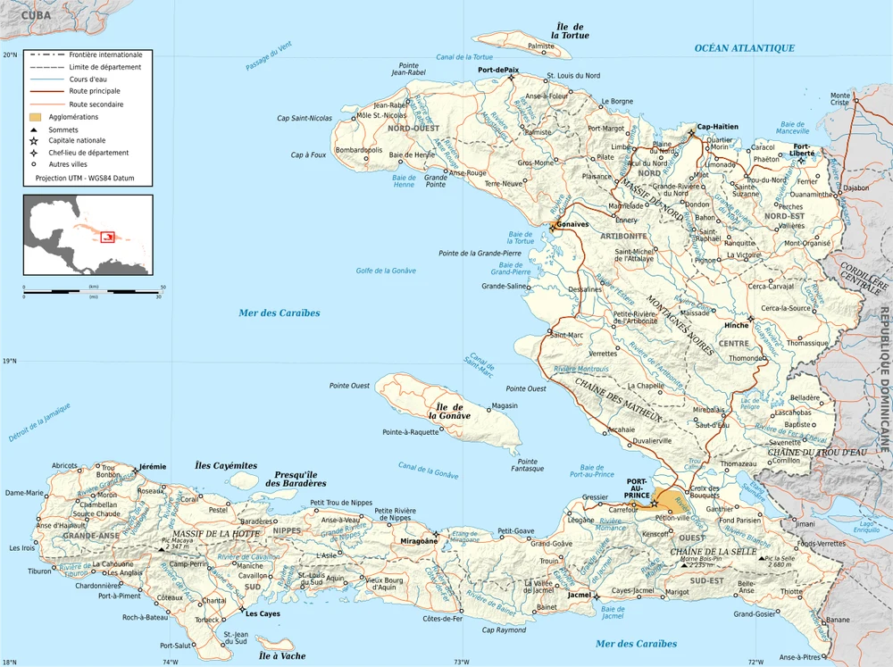Mapa de carreteras de Haití con Puerto Príncipe, Cap-Haïtien, Gonaïves, Hinche, Jacmel, Jérémie, Les Cayes, Saint-Marc, Miragoâne y la frontera con República Dominicana