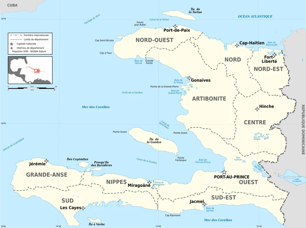 Mapa de Haití con sus departamentos: Nord-Ouest, Nord, Nord-Est, Artibonite, Centre, Ouest, Sud-Est, Nippes, Sud y Grande-Anse