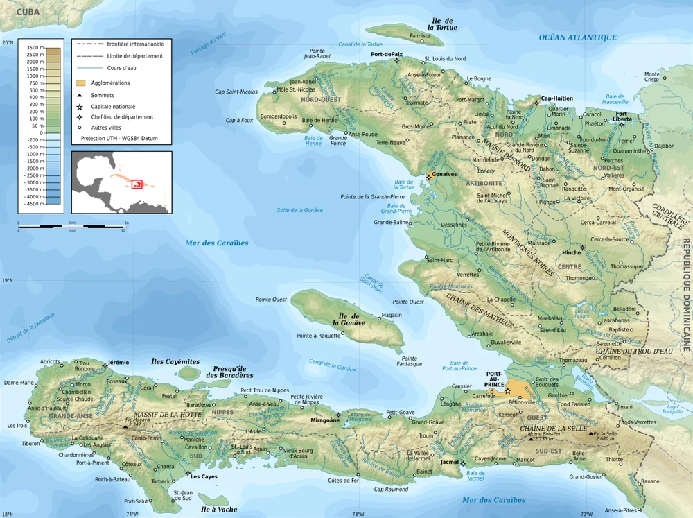 Mapa físico de Haití con relieve, batimetría, Massif du Nord, Montagnes Noires, Chaîne des Matheux, Massif de la Hotte, Chaîne de la Selle y Pic la Selle