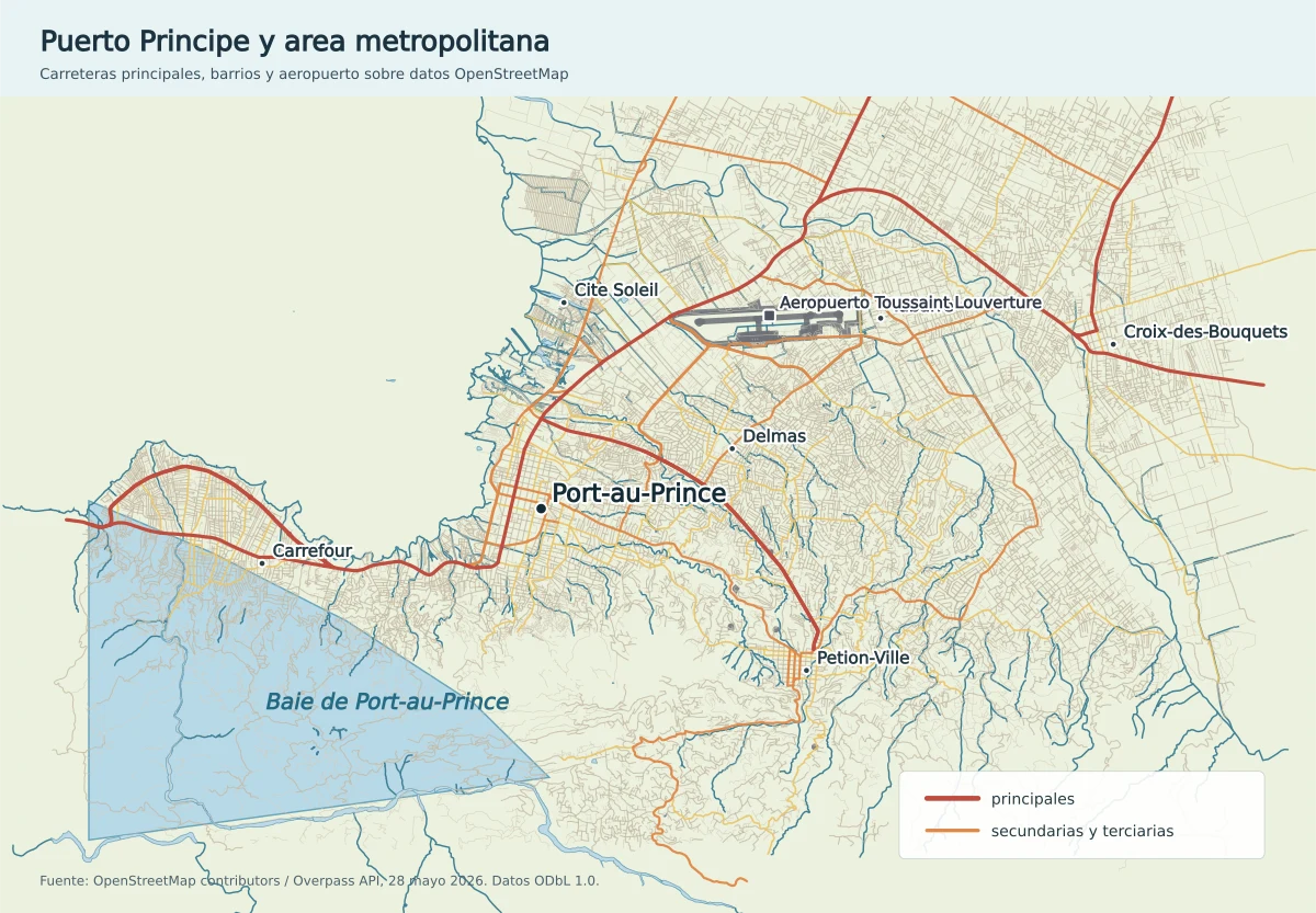 Mapa del área metropolitana de Puerto Príncipe con Carrefour, Cité Soleil, Delmas, Pétion-Ville, Tabarre, Croix-des-Bouquets, aeropuerto Toussaint Louverture y la bahía de Port-au-Prince