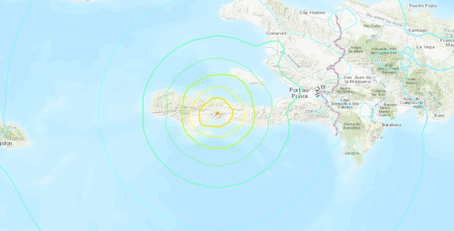 ShakeMap del USGS del terremoto de magnitud 7,2 del 14 de agosto de 2021 en el sur de Haití, cerca de Saint-Louis du Sud