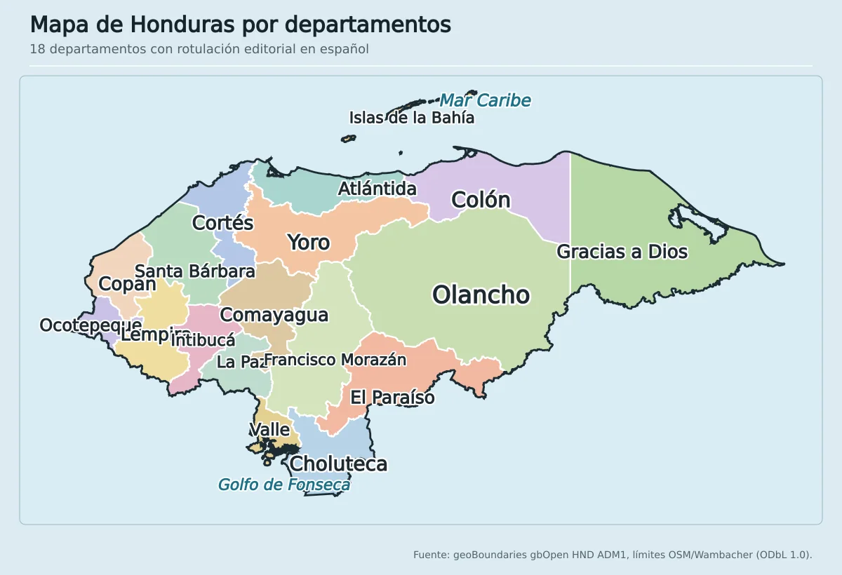 Mapa de Honduras con los 18 departamentos rotulados en español, incluidas Islas de la Bahía, Cortés, Atlántida, Olancho, Gracias a Dios, Francisco Morazán, Choluteca y Valle