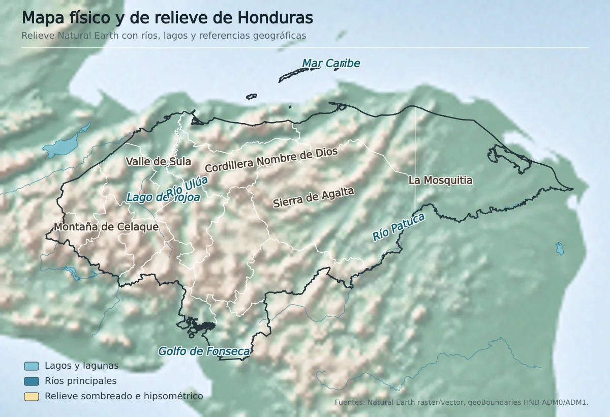 Mapa físico de Honduras con relieve sombreado, cordilleras, Lago de Yojoa, ríos Ulúa y Patuca, La Mosquitia, Mar Caribe y golfo de Fonseca