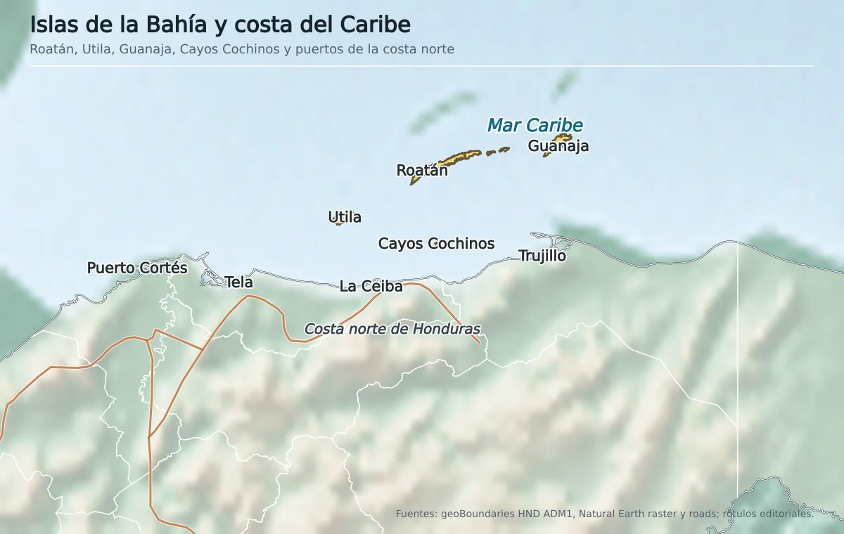 Detalle de Islas de la Bahía y costa norte de Honduras con Roatán, Utila, Guanaja, Cayos Cochinos, Puerto Cortés, Tela, La Ceiba y Trujillo