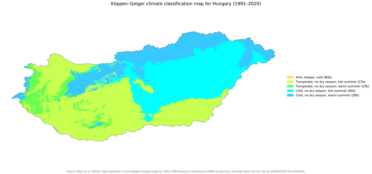 Mapa de Hungría con clasificación climática Köppen-Geiger 1991-2020 y categorías Cfb, Cfa, Dfb y BSk
