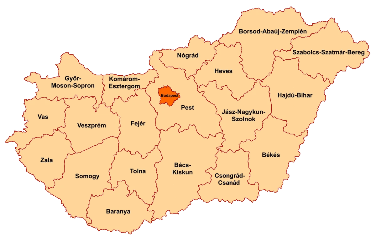 Mapa de Hungría con Budapest y los 19 condados o vármegyék, incluidos Pest, Fejér, Győr-Moson-Sopron, Borsod-Abaúj-Zemplén y Csongrád-Csanád