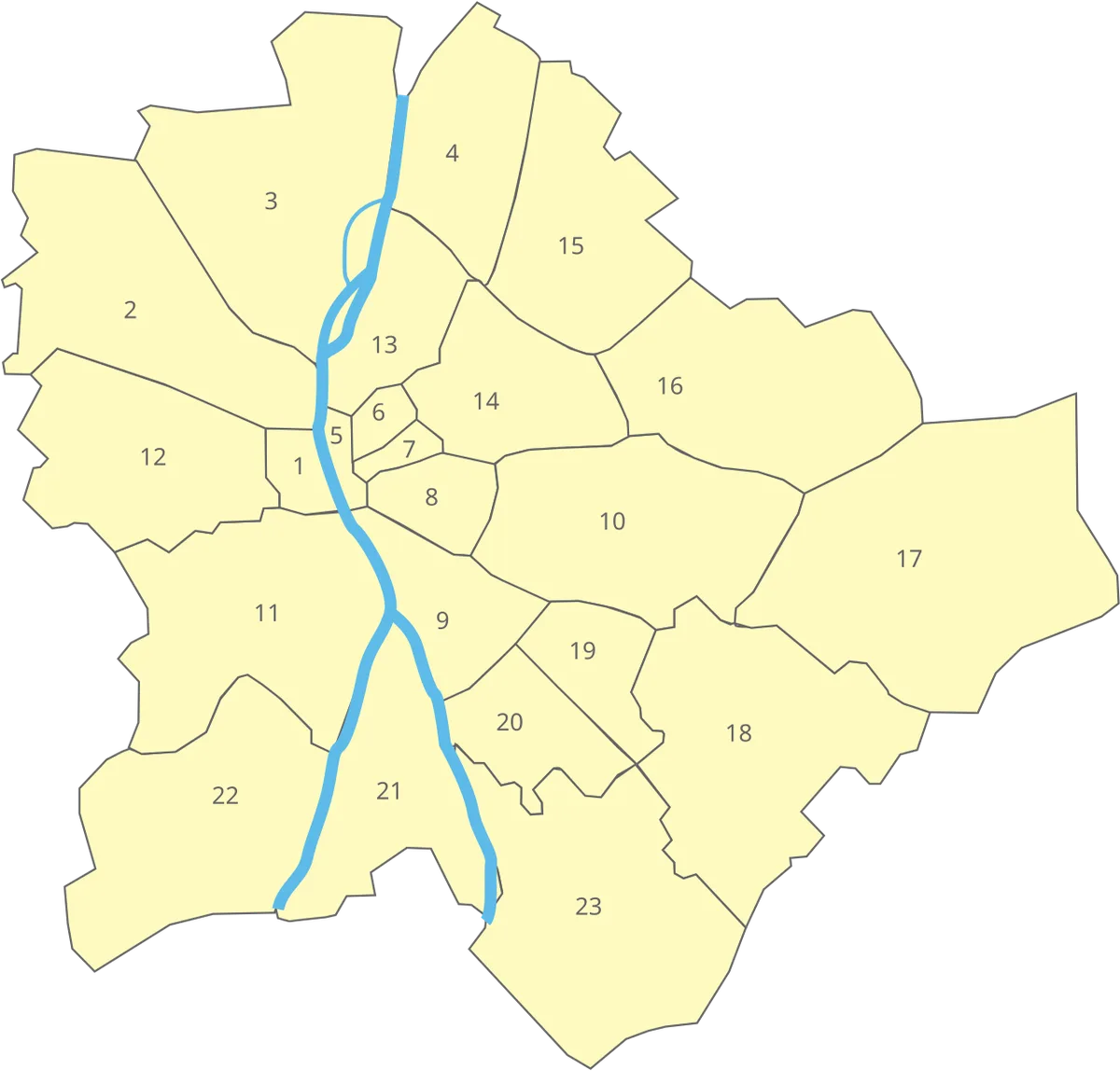 Mapa de Budapest con sus 23 distritos numerados en cifras romanas, el Danubio y la división entre Buda y Pest