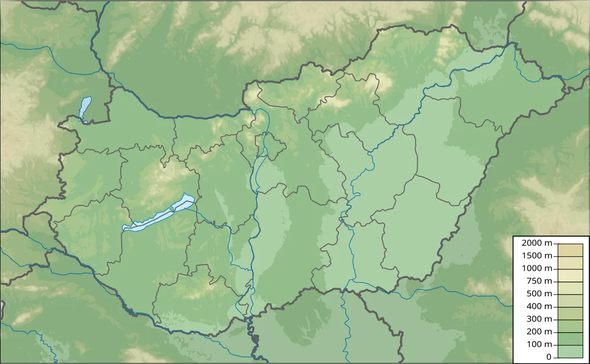 Mapa físico de Hungría con relieve, Danubio, Tisza, lago Balatón, tierras bajas, Transdanubia y montañas del norte