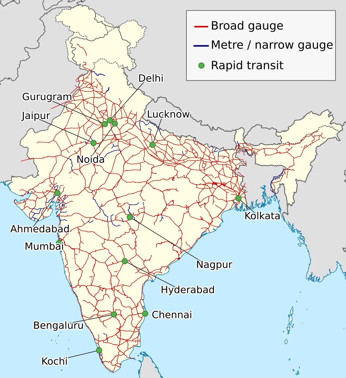 Mapa ferroviario de India en inglés con líneas de vía ancha, vía métrica o estrecha y transporte rápido urbano