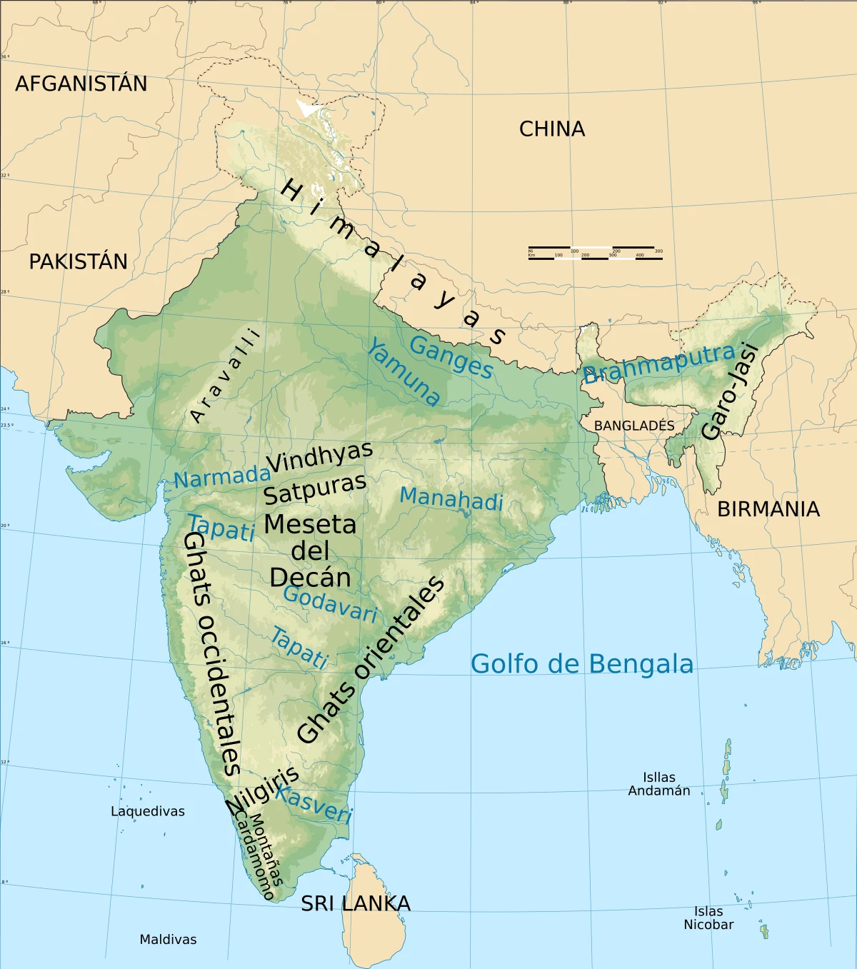 Mapa físico de India en español con relieve, Himalaya, meseta del Decán, ríos principales y mares