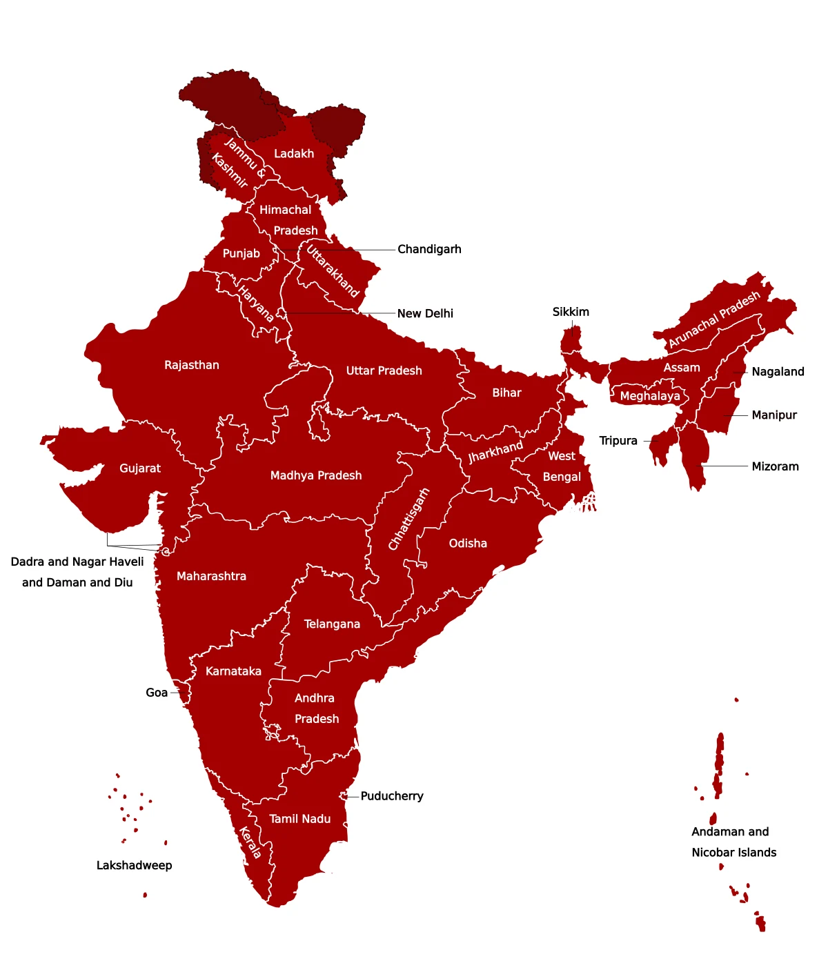 Mapa político de India con estados y territorios de la Unión rotulados en inglés