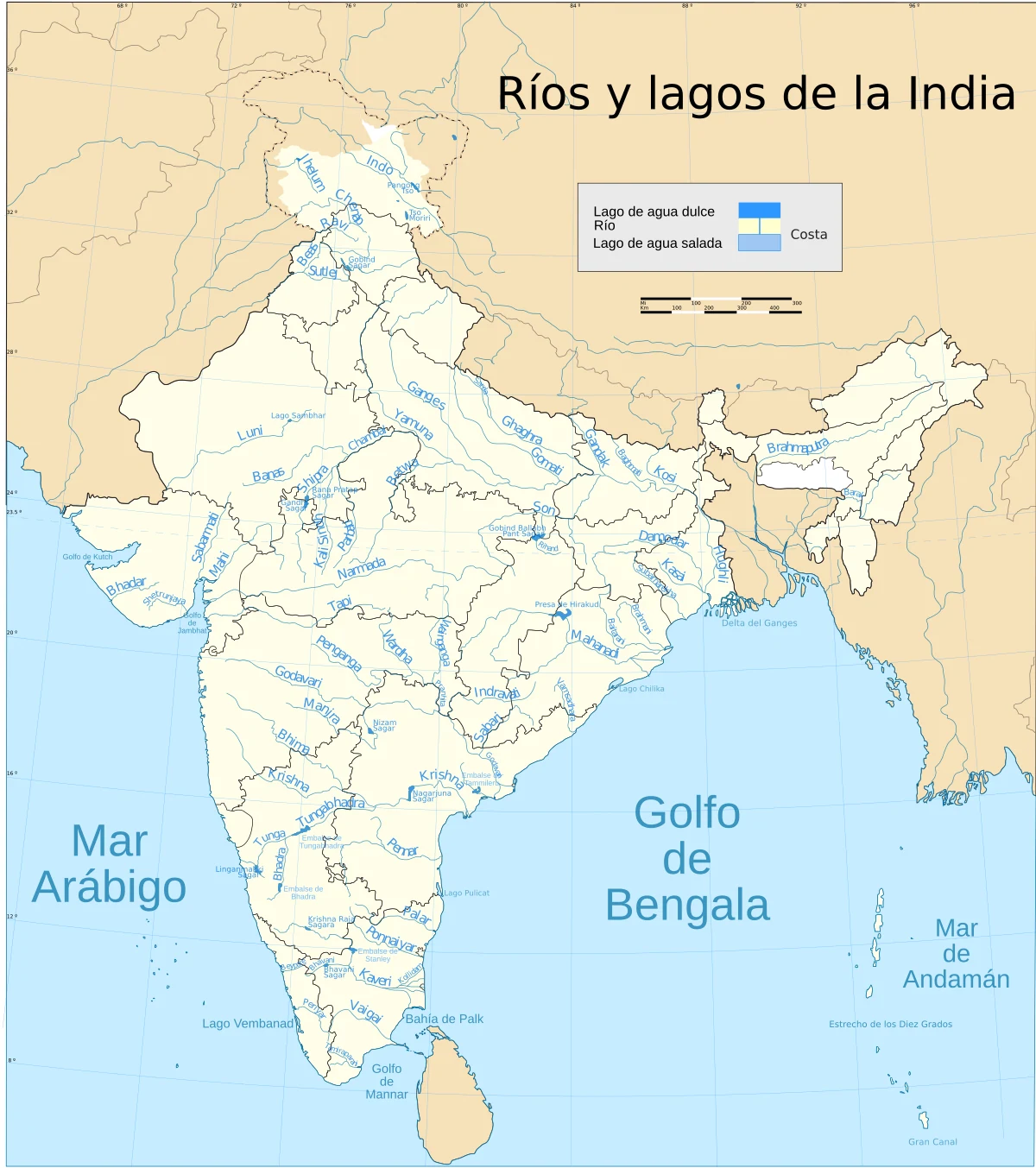 Mapa de ríos y lagos de India en español con Ganges, Brahmaputra, Indo, Yamuna, Narmada, Godavari y Krishna