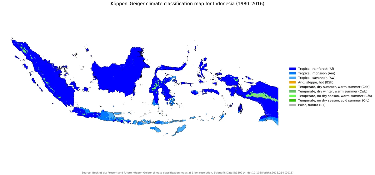 Mapa Koppen-Geiger de Indonesia con clima de selva tropical, monzon, sabana tropical y zonas templadas de montana