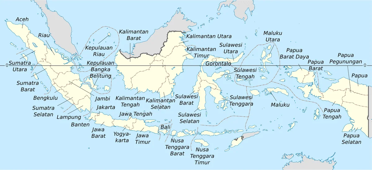 Mapa administrativo de Indonesia con provincias rotuladas en indonesio, de Aceh a Papua