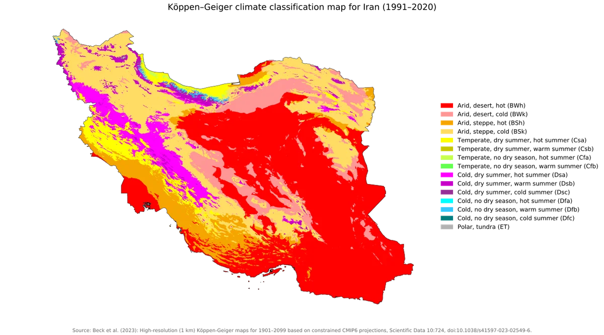 Mapa Köppen-Geiger de Irán 1991-2020 con climas áridos, semiáridos, mediterráneos, continentales y de montaña