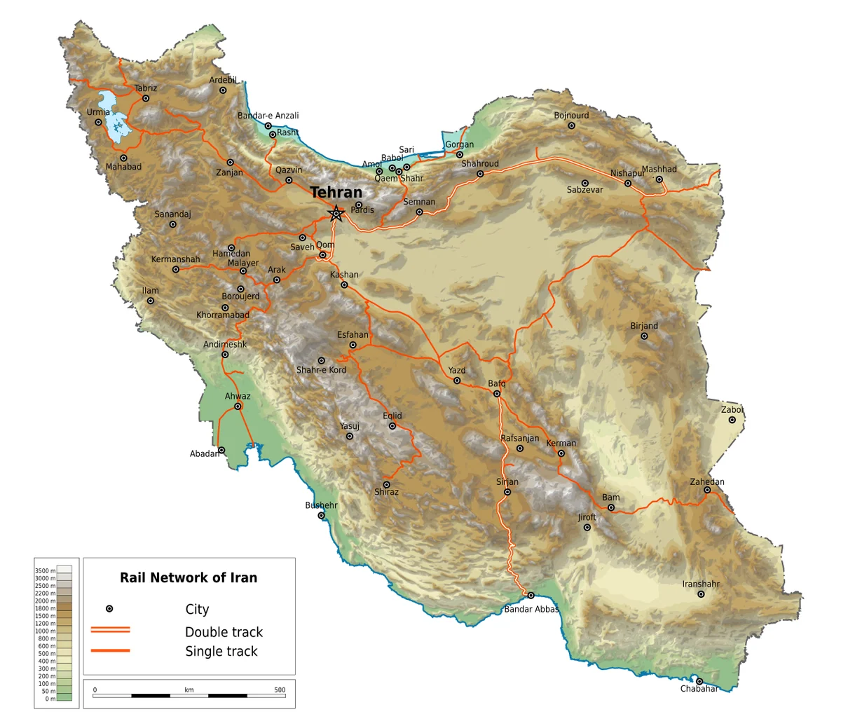 Mapa ferroviario de Irán con líneas de vía sencilla y doble sobre relieve físico