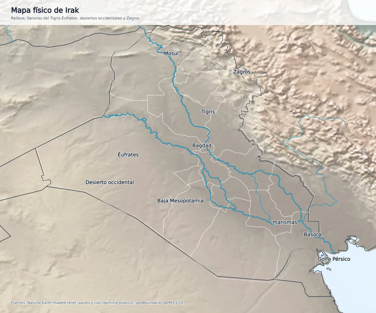 Mapa físico de Irak con relieve, Tigris, Éufrates, Shatt al-Arab, Zagros, desierto occidental, Bagdad, Mosul y Basora