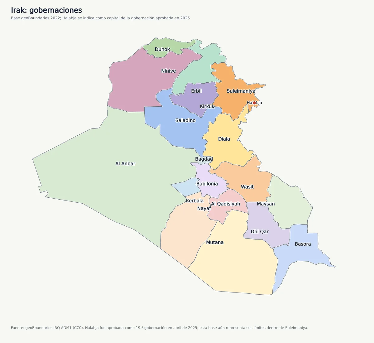Mapa de Irak con gobernaciones rotuladas en español y Halabja señalada en el noreste