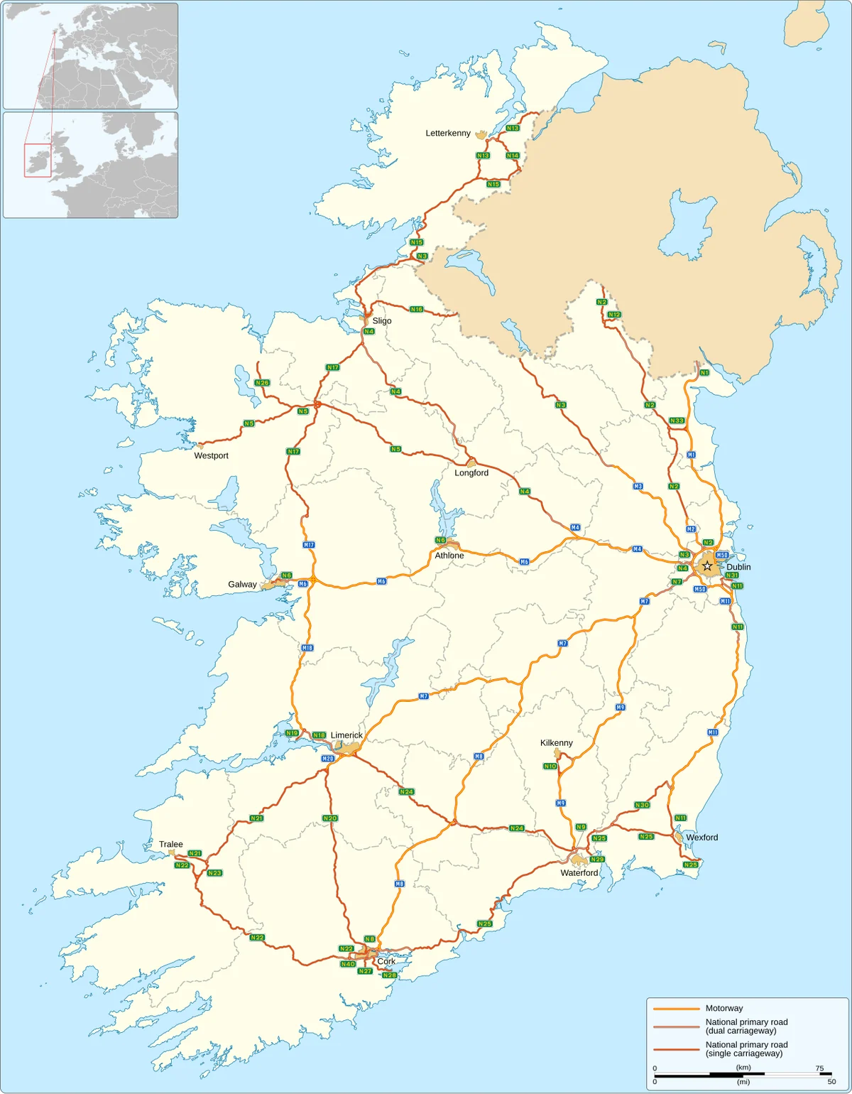 Mapa de la Republica de Irlanda con autopistas y carreteras nacionales primarias