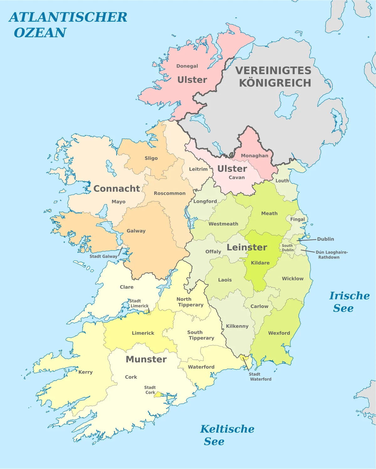 Mapa administrativo de la Republica de Irlanda con condados, provincias y Dublin, con Irlanda del Norte como referencia