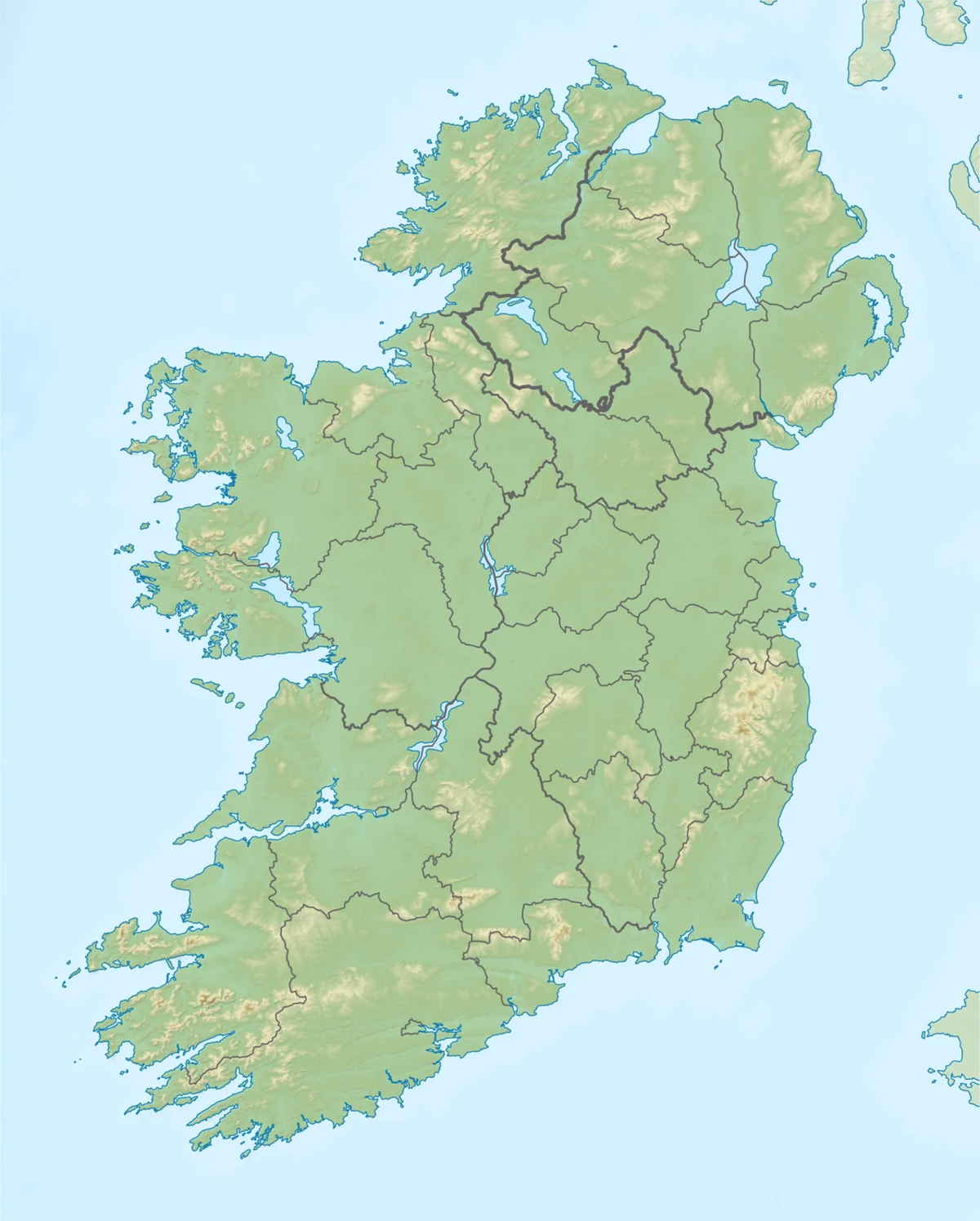 Mapa fisico de la isla de Irlanda con relieve, lagos, costas, Republica de Irlanda e Irlanda del Norte