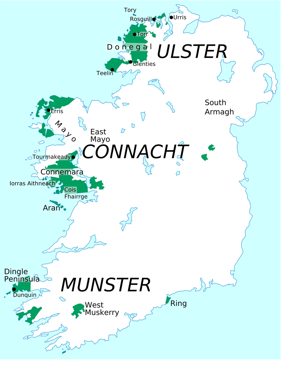 Mapa de Irlanda con areas Gaeltacht en Donegal, Mayo, Galway, Kerry, Cork, Waterford y South Armagh