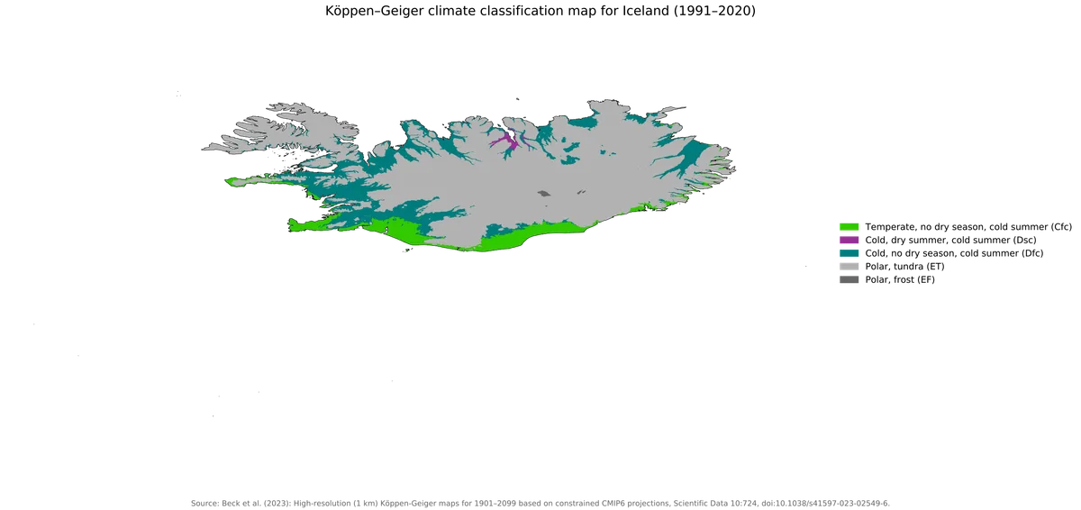 Mapa climatico Koppen-Geiger de Islandia 1991-2020 con tundra, clima oceanico frio y zonas de hielo