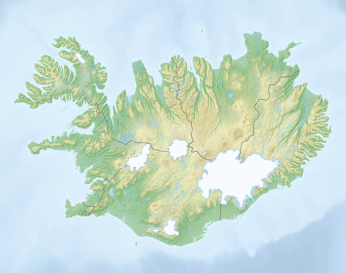 Mapa de relieve de Islandia con tierras altas, costas recortadas, glaciares y sombreado topografico