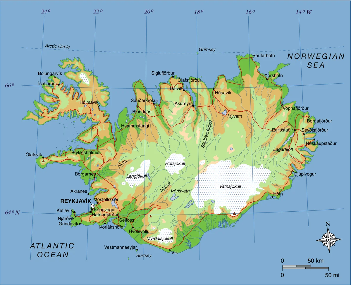 Mapa general de Islandia con ciudades, rios, lagos, glaciares y carretera circular alrededor de la isla