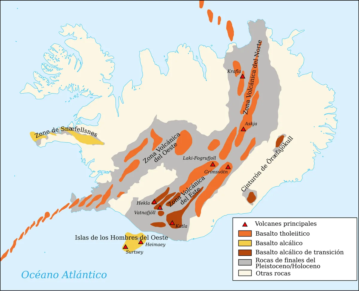 Mapa en espanol de los sistemas volcanicos de Islandia con basaltos, volcanes principales y grietas