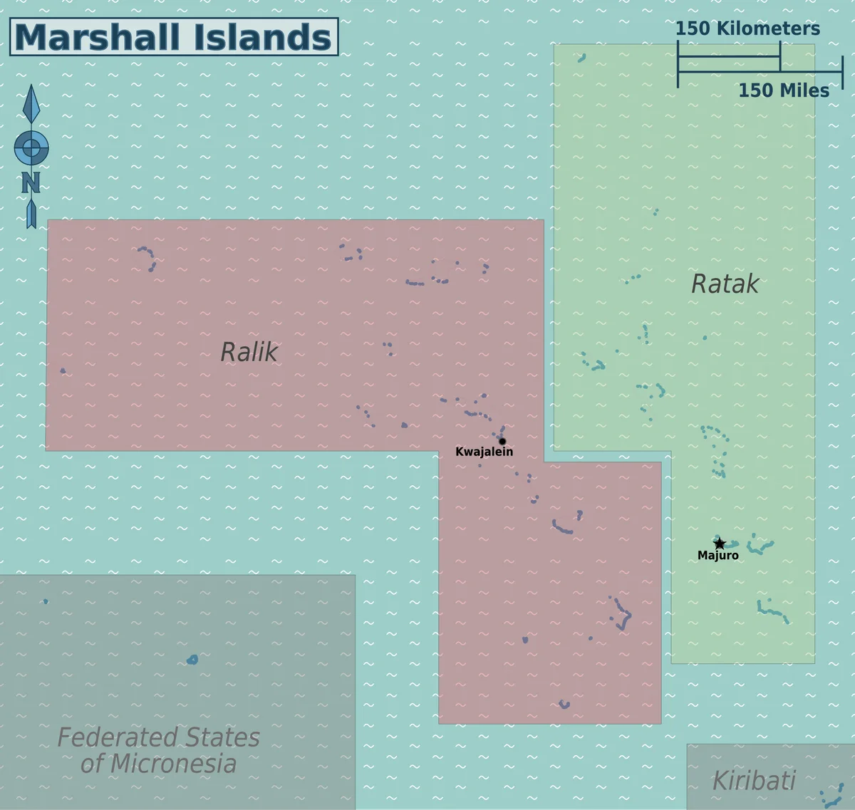 Mapa de las Islas Marshall con las cadenas Ralik y Ratak, Majuro, Kwajalein, Bikini, Enewetak, Jaluit, Arno, Mili, Maloelap y otros atolones