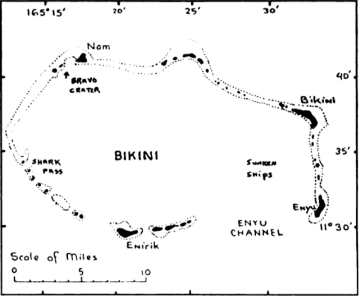 Mapa del atolón Bikini con la laguna, Bikini, Enyu, Enirik, Nam, Bravo Crater, Shark Pass y Enyu Channel