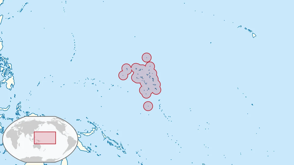 Mapa regional del Pacífico con las Islas Marshall resaltadas entre Micronesia, Kiribati, Nauru, Guam, Hawái, Papúa Nueva Guinea y Australia