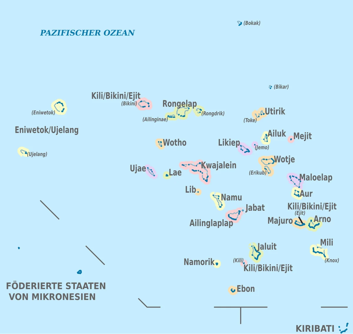 Mapa administrativo de las Islas Marshall con Enewetak, Bikini, Rongelap, Wotho, Ujae, Kwajalein, Majuro, Arno, Jaluit, Mili, Ebon y otros gobiernos locales