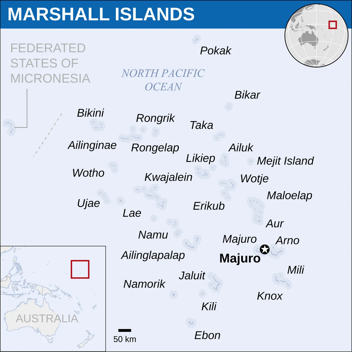 Mapa localizador de OCHA de las Islas Marshall con atolones principales, Majuro, escala y recuadros de ubicación regional