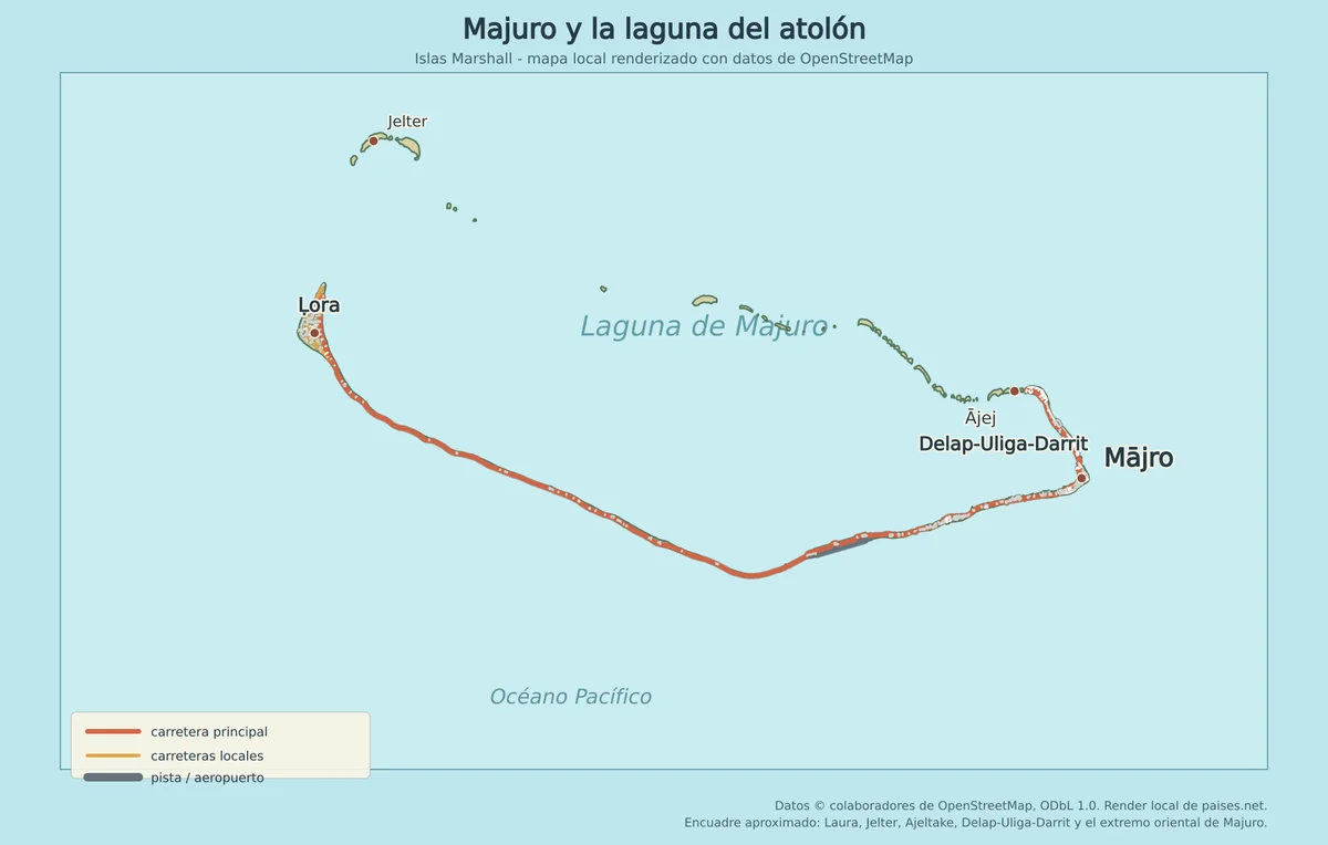 Mapa local de Majuro con la laguna del atolón, Laura, Jelter, Ajeltake, Delap-Uliga-Darrit, carreteras y aeropuerto