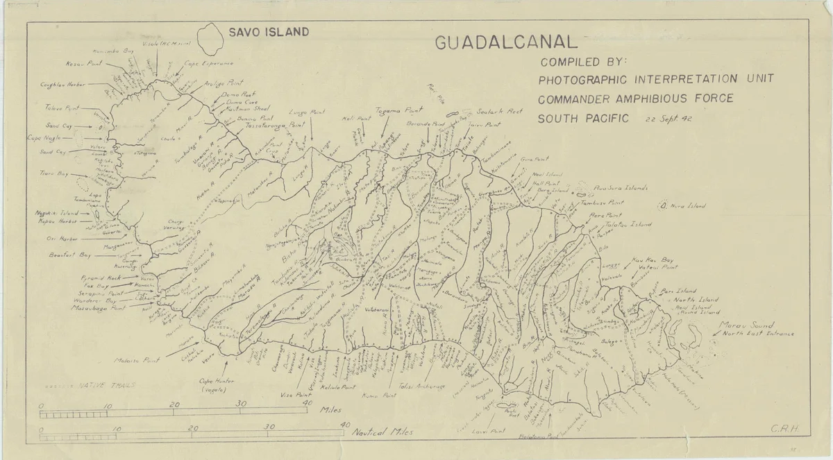 Mapa historico de Guadalcanal compilado el 22 de septiembre de 1942 con Savo Island, costas, bahias, rios y topografia manuscrita