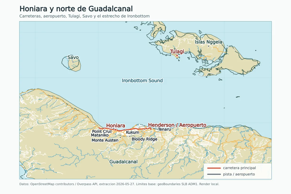 Mapa de Honiara y norte de Guadalcanal con Henderson, aeropuerto, Point Cruz, Mataniko, Kukum, Tenaru, Savo, Tulagi, islas Nggela e Ironbottom Sound