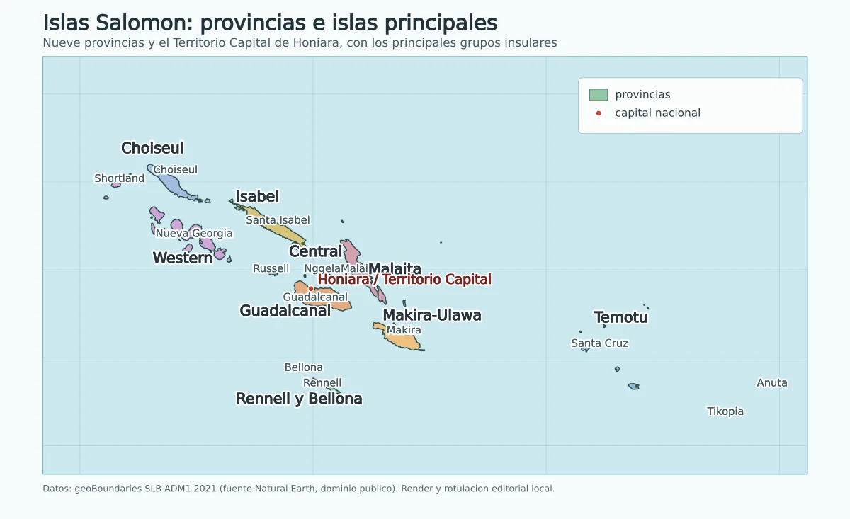 Mapa de Islas Salomon con provincias, Honiara, Choiseul, Western, Isabel, Central, Guadalcanal, Malaita, Makira-Ulawa, Rennell y Bellona y Temotu