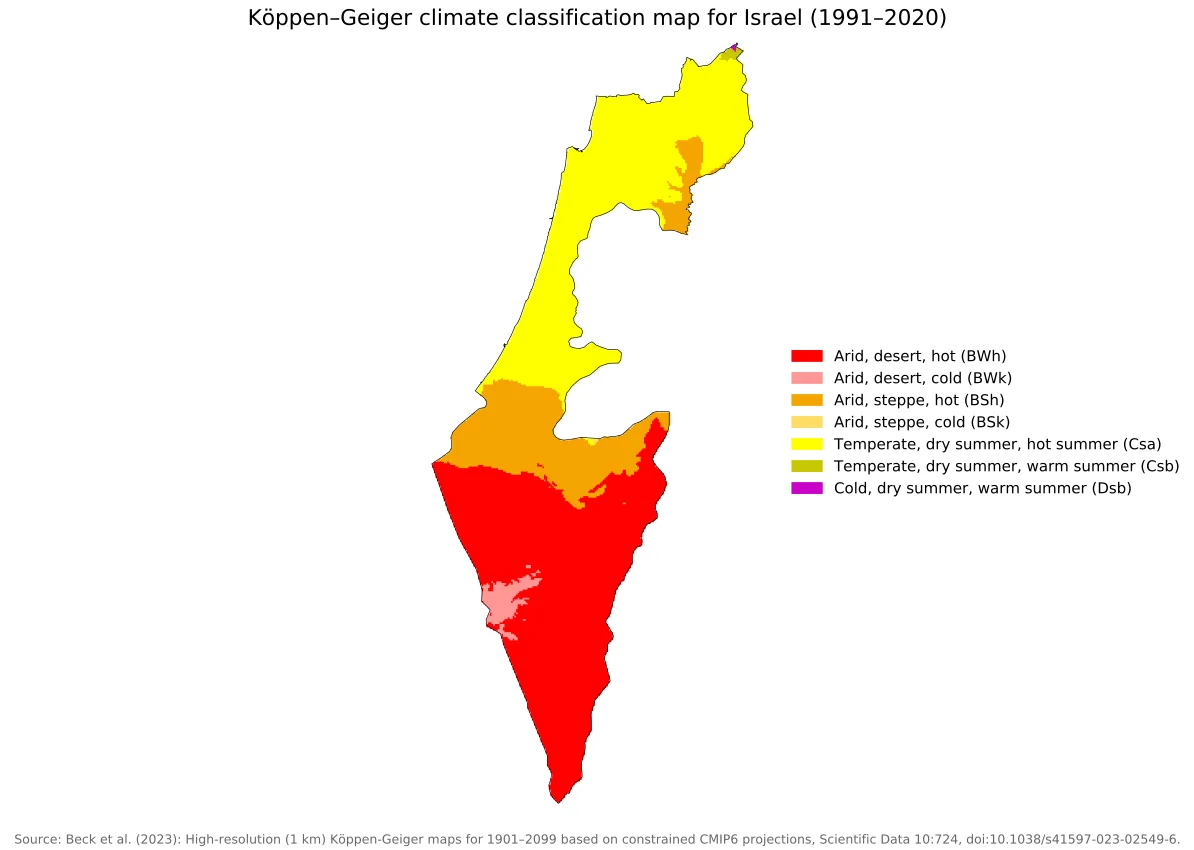 Mapa de Israel con clasificación climática Köppen-Geiger 1991-2020 y leyenda en inglés