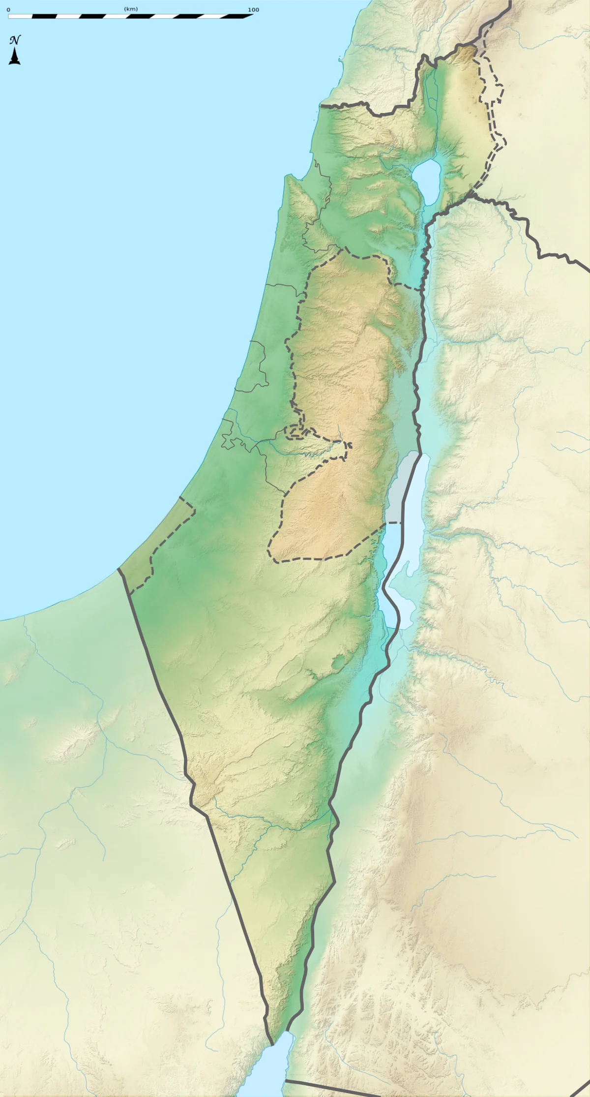 Mapa físico de Israel y entorno con relieve, costa mediterránea, valle del Jordán, mar Muerto, Néguev y golfo de Aqaba
