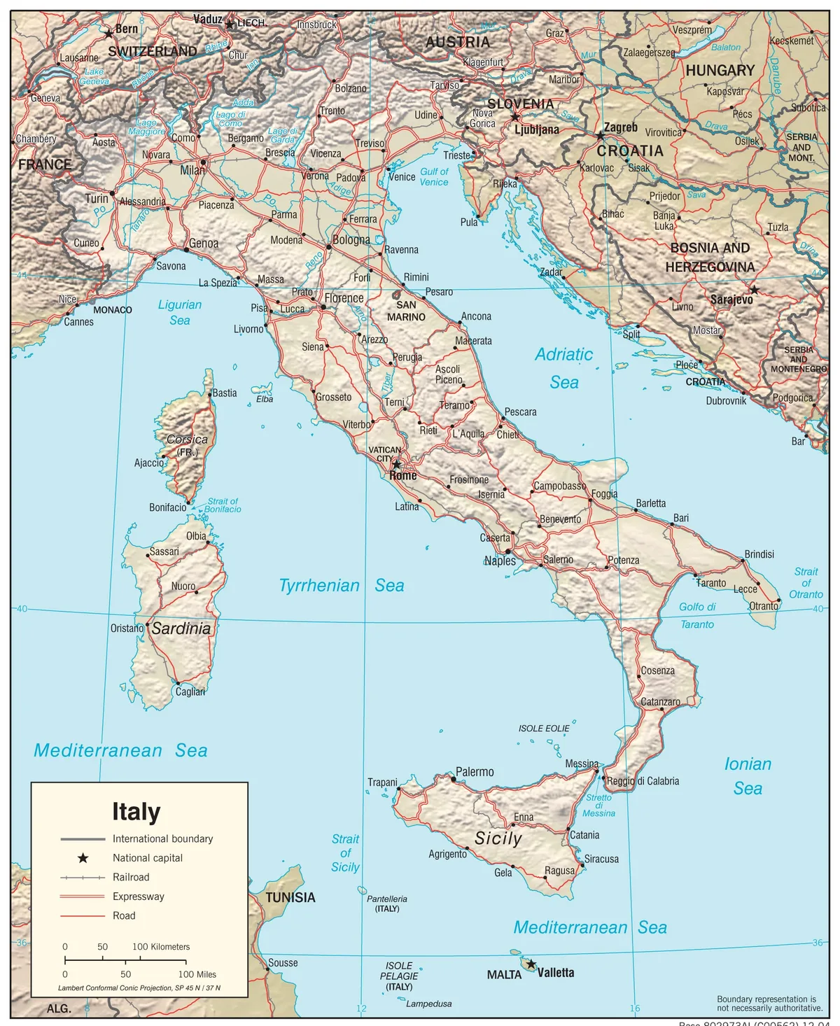 Mapa físico de Italia con Alpes, Apeninos, valle del Po, Sicilia, Cerdeña, ríos, mares y ciudades principales