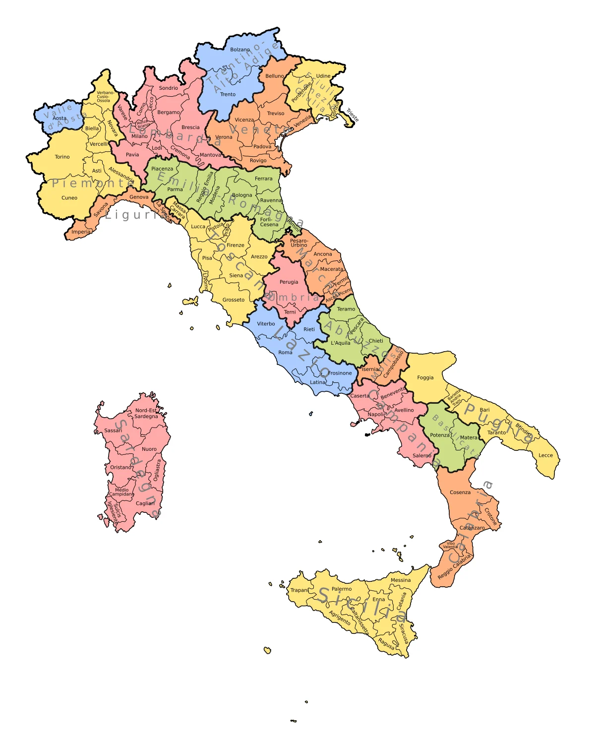 Mapa político de Italia con regiones, provincias, Sicilia y Cerdeña