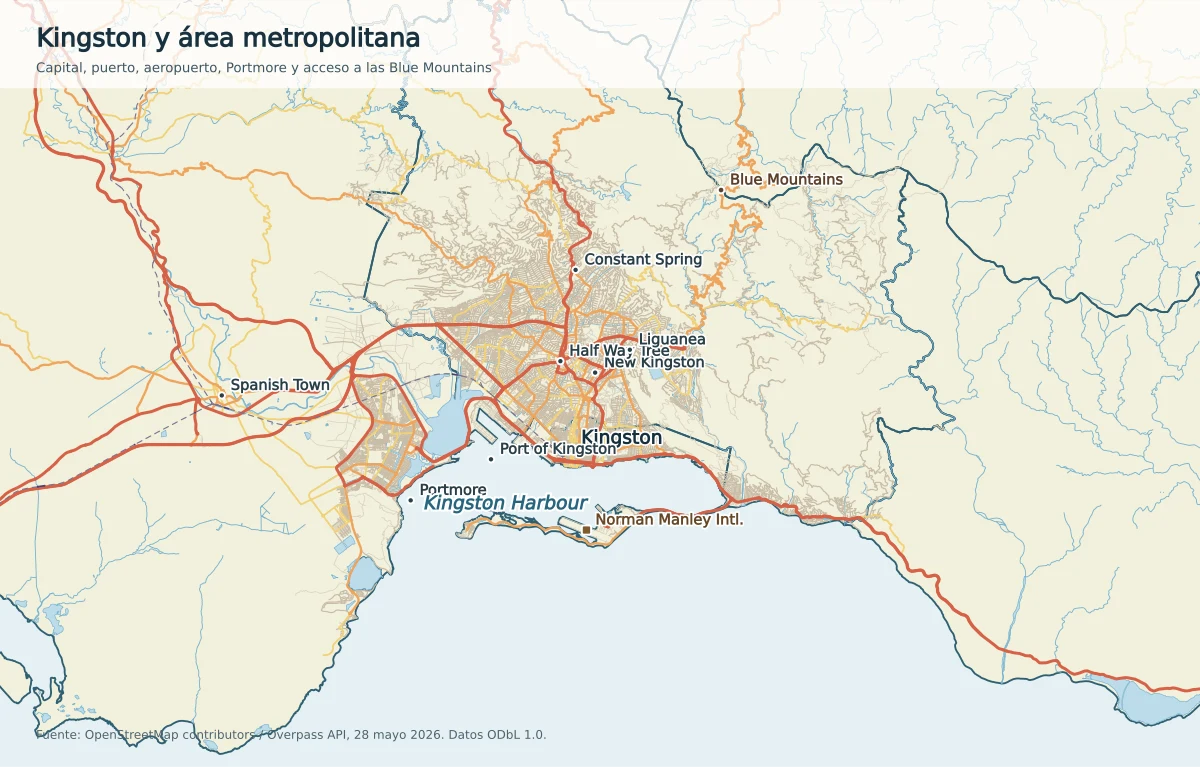 Mapa de Kingston y área metropolitana con Kingston Harbour, Portmore, Spanish Town, Half Way Tree, New Kingston, puerto y aeropuerto Norman Manley