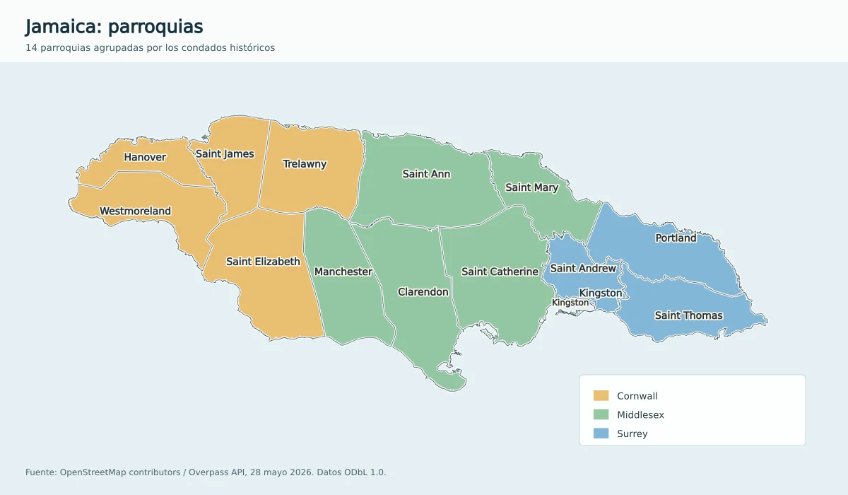 Mapa de Jamaica con las 14 parroquias y los condados históricos Cornwall, Middlesex y Surrey